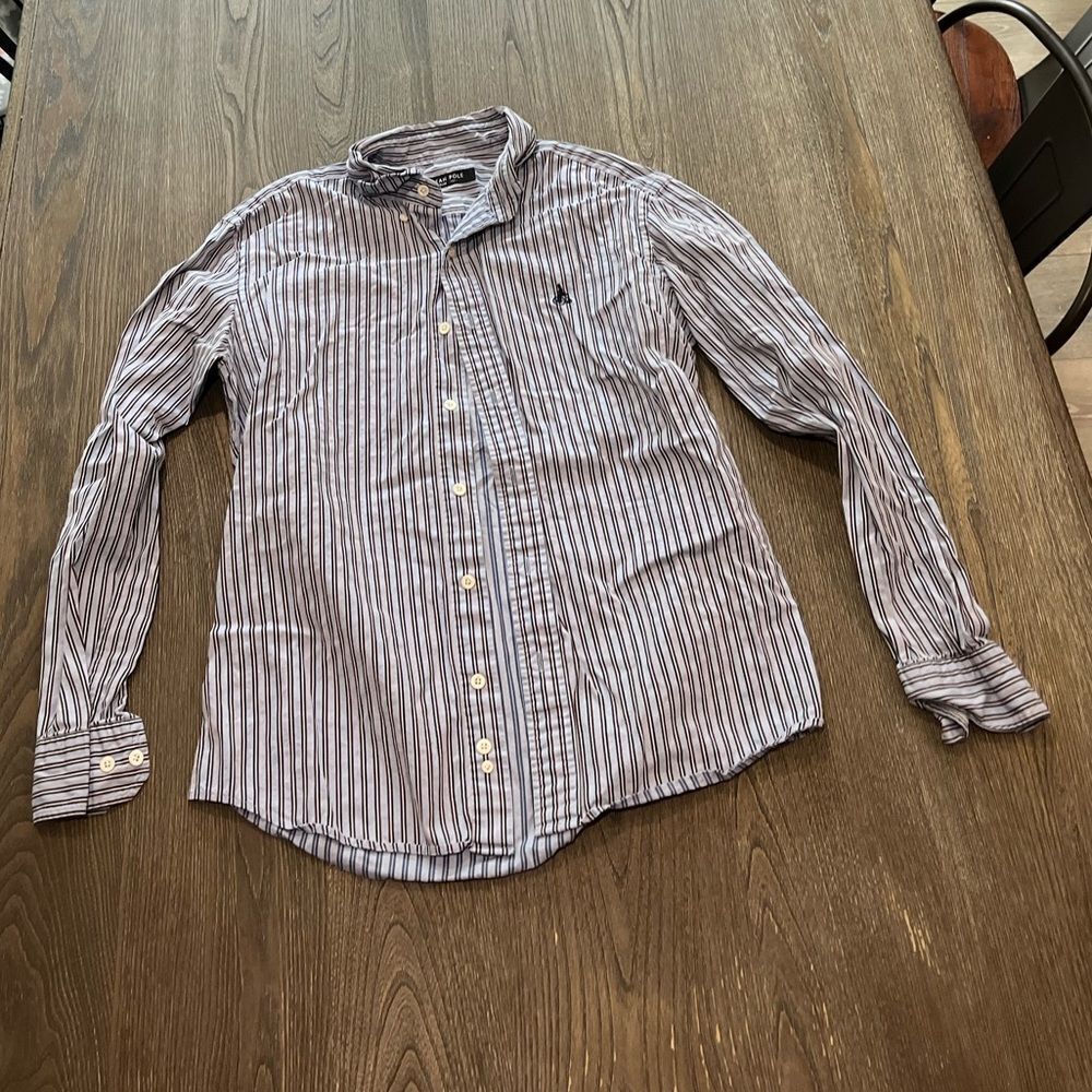 Bean Pole Slim 100 Womans Blue Brown Striped Button Up Shirt Size Small